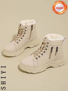 2025冬季女式雪地靴，毛绒内衬，加厚保暖，增高设计，时尚百搭，学生休闲短靴 - 卡其色 - 查看 3