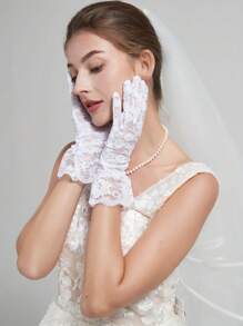 1 双蕾丝蝴蝶结新娘手套仿珍珠乳白色短款手指手套蕾丝立体刺绣优雅下午茶舞会礼服配饰照片道具情人节情人