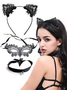 D EXCEED 2/3/4/5 pièces Ensemble de serre-tête à oreilles de chat en dentelle, masque pour les yeux et collier à clochette pour femmes - pour le cosplay d'anime, les fêtes d'Halloween - Multicolore - Voir 2