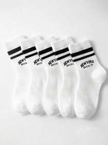 5pairs/Pack Two Stripes Letter Sport Mid-Calf Socks For Kids, Suitable For Daily Wear