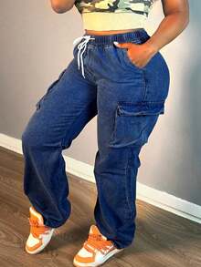 Jeans rectos para mujer: con cordón y múltiples bolsillos, adecuados para todo tipo de ocasiones diarias - Azul lavado oscuro - Ver 3