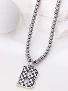 1pc Western Country Style Vintage Textured CCB Multicolor Leopard Print Black & White Plaid 26 Letter Minimalist Pendant Necklace, Sweater Chain