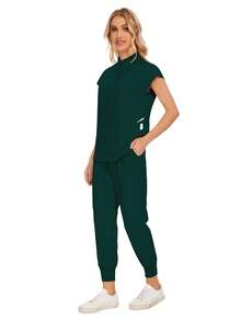 Bộ đồ phẫu thuật thời trang bán sỉ, đồng phục bệnh viện nha khoa, màu trơn, áo choàng phẫu thuật, cổ chữ V có túi, bộ đồ y tế cho nữ, quần jogger, bộ đồ mùa xuân. - Màu xanh lá cây đậm - Xem 5