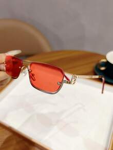 1 pieza Gafas de moda con montura metálica de media montura para mujer, color rojo adecuado para la playa, vacaciones, fotografía y estilo callejero