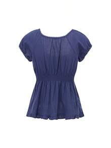 Women Y2k Fairycore Babydoll Shirt Top Plaid/Solid Color Lace Trim V-Neck Short Sleeve Button Front Ruffle Hem Gingham T Shirts Crop Tops Teen Girls Grunge Going Out Tunic Tops Cute Flowy Tee Vintage Aesthetic Clothes Casual Daily Streetwear - 藏蓝色 - 查看 5