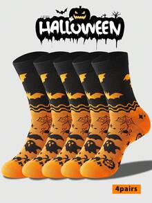 4 Pairs Halloween Themed Crew Socks, Pumpkin, Witch, Ghost, Bat Designs, Funny & Socks, Suitable For Holidays And Gifts, Fall Socks