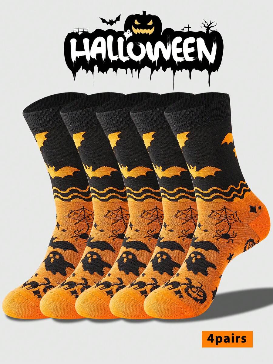 4 Pairs Halloween Themed Crew Socks, Pumpkin, Witch, Ghost, Bat Designs, Funny & Socks, Suitable For Holidays And Gifts, Fall Socks