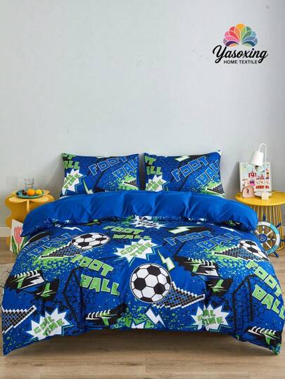 3pcs Blue Sport Football Pattern Duvet Cover Set, Modern Fabric Bedding Set For Home Bedding Set Duvet Cover Set 3 Pieces Printed  Room Decorations Comforter Cover Soft Microfiber Duvet Cover For 2 Pillowcases No Comforter For All Seasons Domitory Bedding Back School Bedding