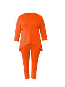 Plus Size Women's Fashionable Two-Piece Suit, Short Top In Front And Long Back Solid Color Trousers Suit, Casual Two-Piece Suit - Orange - View 3