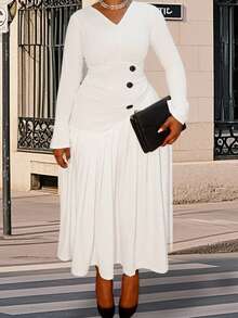 Women's Plus Size Midi Dress Long Sleeve V Neck Button Front Dress Long Flowy Dress - trắng - Xem 2