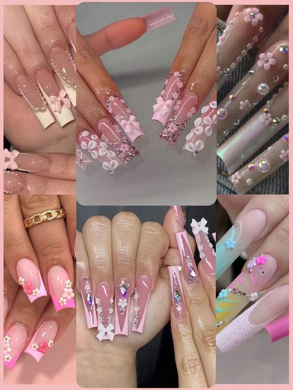 600Pcs Bow Nail Charms And Flatback Pearls,Black White Pink Bowknot 3D Cute Nail Charms For Nail Supplies Design,White Half Pearls For Nail Jewelry DIY Crafts Nail Art Decoration Accessories