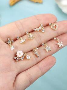 9 PCS Dangle Nose Rings - L Shaped For Women, 20G Stainless Steel Nose Rings Studs With CZ Cross, Crown, Flower, Heart Dangling Piercing Jewelry - Multicolor - View 10