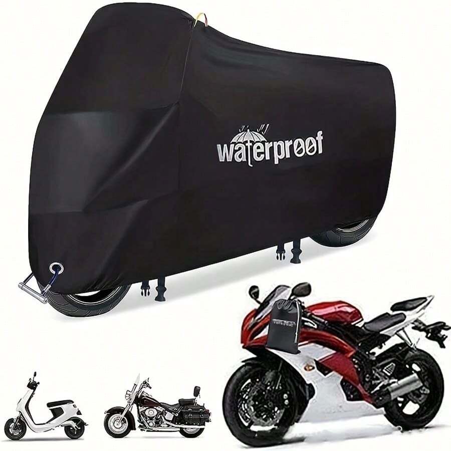 Motorcycle Covers, Heavy Duty 210D Waterproof UV Protective Tear Proof Motorbike Cover With Safety Cloth Lock Holes Design - 黑色 - 查看 1
