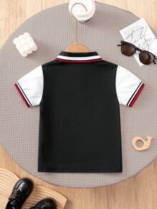 Young Boy Elegant Gentleman Color Block Trim Collar Multi-Color Patchwork Short Sleeve Casual Polo Shirt - Multicolor - View 2