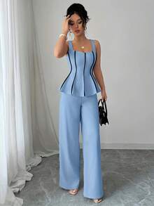 Conjunto de pantalón y camiseta de mujer de unicolor y elegante - Azul cielo - Ver 6