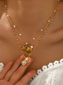 1 Set Ozean-Elemente-Stil weiße Kunststoff-Perlenkette mit Edelstahl-Muschel- und Seestern-Anhänger, geeignet für den täglichen Gebrauch von Frauen oder den Strandurlaub