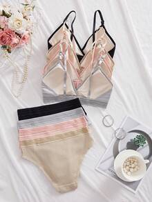 4件套纯色罗纹简约无钢圈透气运动文胸和内裤套装女士 - 彩色 - 查看 3