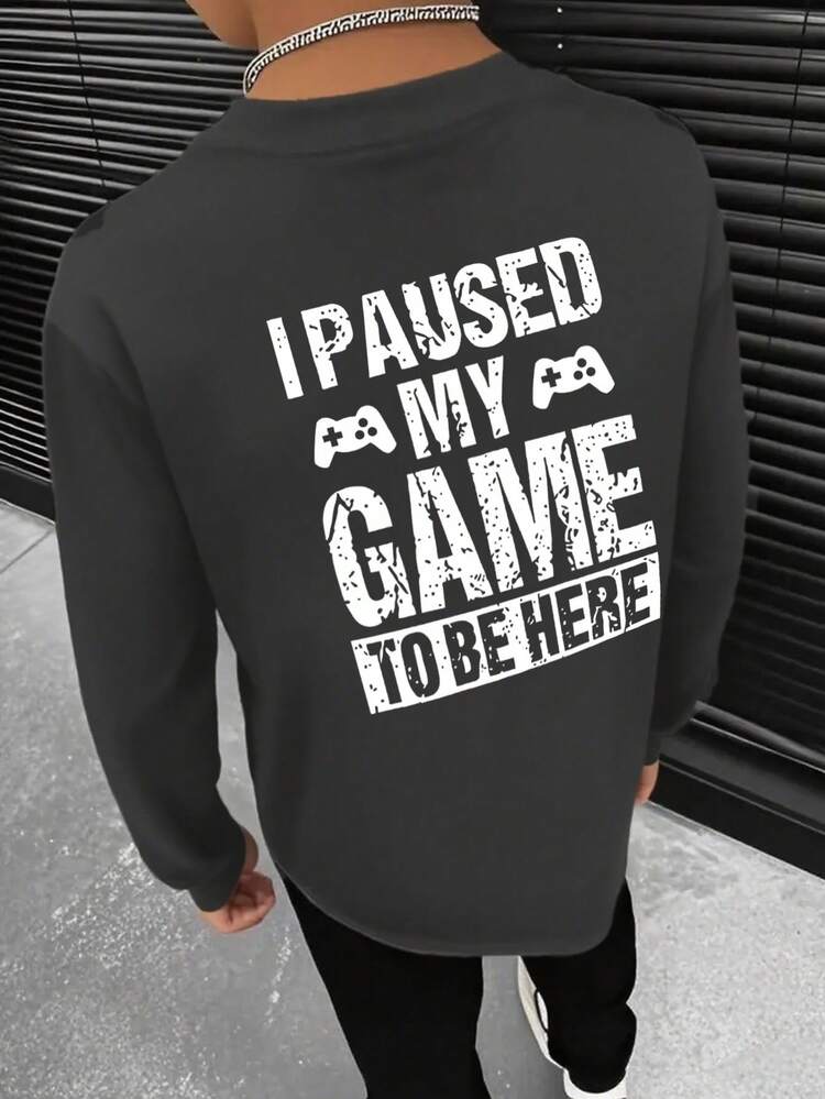 Tween Boy 时髦印花圆领长袖 T 恤，秋冬上衣 - 深灰色 - 查看 3