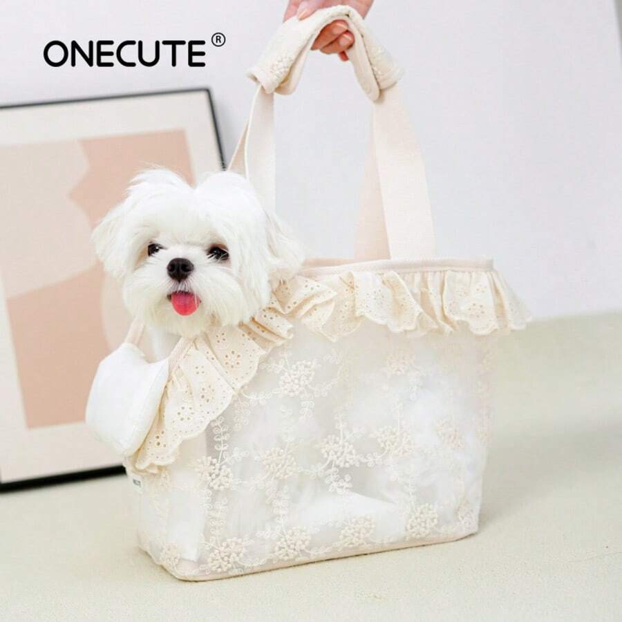 Túi vận chuyển chó nhỏ, thỏ, mèo có thiết kế ren, chất liệu cotton, mềm mại, có thể gấp gọn, thích hợp cho du lịch. - Màu be - Xem 1