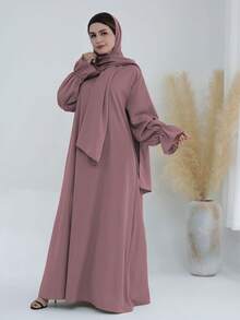 1 件柔软穆斯林连衣裙，配有头巾，花袖设计，经典百搭长袍 - 彩色 - 查看 7