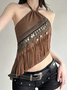 Women's Retro Halter Neck Vest Sleeveless Open Back Irregular Hem Tassel Tank Tops