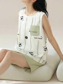 AICJ 2pcs/Set Women Casual Cute Panda & Letter Print Short Sleeve Vest Top And Shorts Pajamas Set, Soft And Comfortable For Spring/Summer Lounge Wear