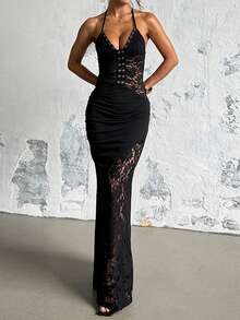 露背蕾丝拼布紧身连衣裙