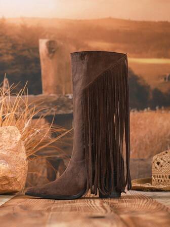 Women's Mid-Calf Boots, Solid Color, Western Style Fringe, Brown, Suitable For Vacation, Party, Outdoor, Autumn/Winter