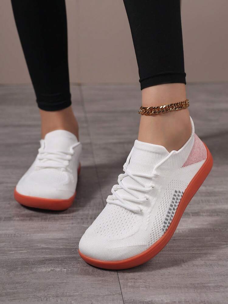 女士简约赤脚运动鞋 - 宽版白色透气针织面料系带圆头休闲鞋，减震橡胶鞋底，四季舒适休闲鞋，时尚系带设计，灵活穿着 - 白色 - 查看 3
