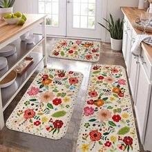 2/3pcs Kitchen Rug Set, Kitchen, Various Floral Designs, Soft Flannel, - Suitable Bedroom, Living Room, Dining Room, Bathroom, Entryway - 黑色 - 查看 1