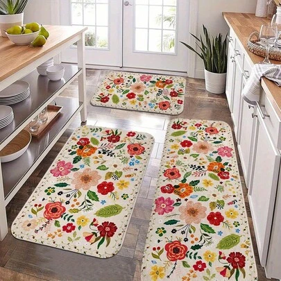 2/3pcs Kitchen Rug Set, Kitchen, Various Floral Designs, Soft Flannel, - Suitable Bedroom, Living Room, Dining Room, Bathroom, Entryway