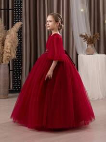 Tween Girl Burgundy Lace Embroidered Bow Mesh Elegant Party Princess Dress, Suitable For Girls' Birthday Party, Banquet, Formal Occasion, Prom, Wedding, Flower Girl