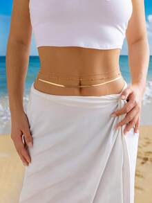 2pcs Fashion Minimalist Women Waist Chain Set, Gold-Color Beaded Glamorous Sparkling Inlay Sexy Waist Chain, Faux Pearl Chain Waist Chain, Hypoallergenic, Casual Holiday Friend Jewelry Gift