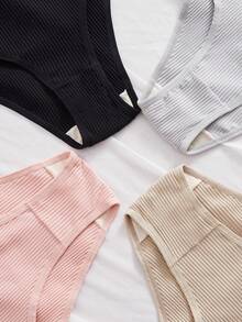 4件套纯色罗纹简约无钢圈透气运动文胸和内裤套装女士 - 彩色 - 查看 6