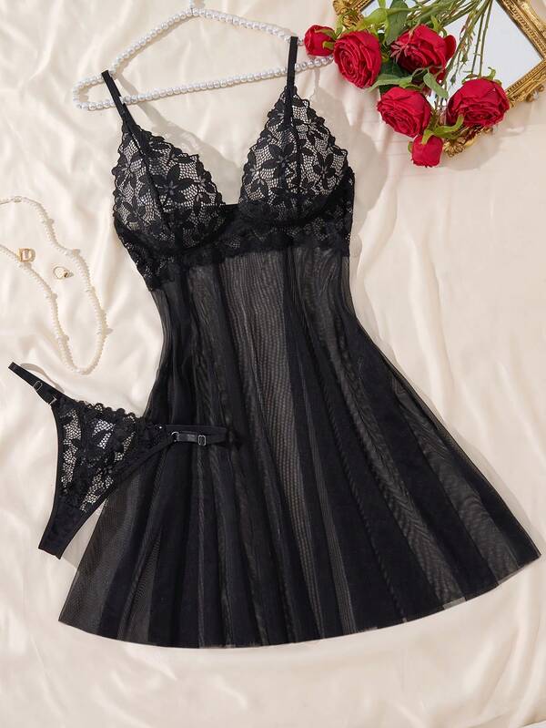 2PCS Women's Classic Black Lace Floral Sexy Short Nightgown, Semi Transparent Hollow Dress, Daily Home Suspender Pants And Thong,Crop Sleep Top, Baddie Look