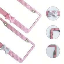 2PCS Stainless Steel License Plate Frames, Pre-Drilled US Standard Size, Scratch-Resistant & Weatherproof (White/Pink/Black), Custom Car Decor Accessories, Stylish Plate Protector, Practical Gift For Car Owners - 粉紅色和粉紅色蝴蝶結 - 查看 5