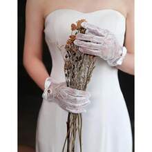 Local Shipping 2025 New  Short Lace Mesh Gloves Tulle Border With Pearls Wedding Opera Tea Party Gloves For Women Formal - Ivory-4 - View 3