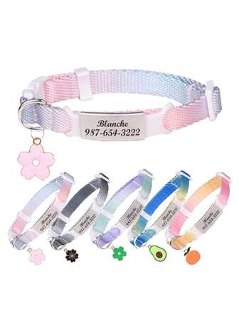 1pc Customized Gradient Colorful Cat Collar, Nylon Material Cat Collar, Can Customize Pet Name, Contact Info, Address, Anti-Lost Engraved Pet Collar, Suitable For Medium & Small Cats