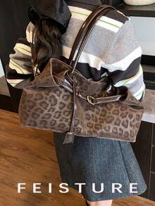 1pc Fashion Leopard Print Shoulder Bag, Large Capacity Tote Bag For Daily Commute And Shopping, Strap Decor, Magnetic Closure, Bags For Ladies Fashionable, New Fall Winter Tiger Print Bag For Women - Coffee - View 7
