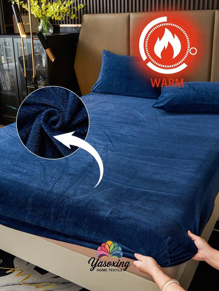 1 pieza Sábana ajustada de terciopelo azul marino, suave y cálida, de color sólido y esponjosa, tamaño King, Queen, Full o Twin, sábana inferior de lujo súper suave y cómoda con bolsillo profundo de 30 cm, adecuada para otoño, invierno y primavera, sin fundas de almohada, ropa de cama para dormitorio y vuelta al colegio - Azul Marino - Añade 1