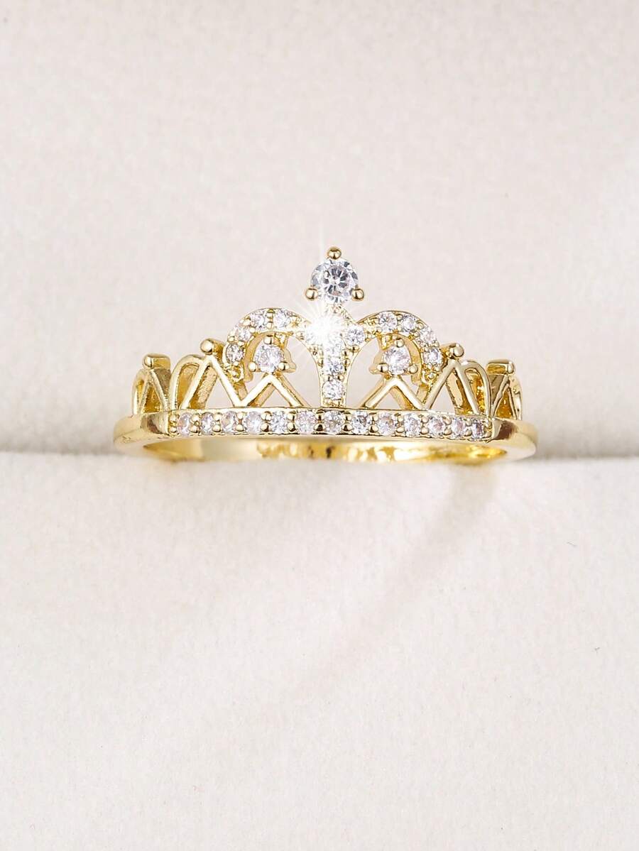 1pc Elegant Crown Shaped Cubic Zirconia Ring For Women - 56306 Gold + White - View 1