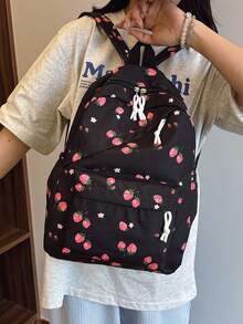 三件套时尚草莓印花书包套装，包含书包、午餐包和铅笔盒，带笔记本电脑隔层、可调节肩带、多口袋大容量多功能书包套装，适合女生/青少年/大学生/毕业生日常使用/度假/旅行/返校 - 黑色 - 查看 8