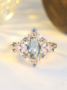 قطعة واحدة من الخواتم الاصطناعية الفاخرة باللون الأصفر الذهبي على شكل بيضاوي بلون الشمبانيا ذو فراغات من الزركونيا، خاتم خطوبة للاستخدام اليومي