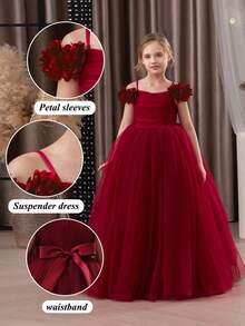 青少年女孩勃艮第 3D 花卉网眼覆盖派对礼服，优雅公主礼服适合女孩礼服、生日派对、舞会、婚礼、花童、伴娘、节日场合 - 酒紅色 - 查看 8