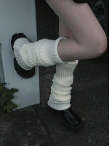 1 Pair Women's Solid Vertical Striped Leg Warmers, Thin Design Suitable For Spring, Autumn, Winter, Cozy Socks