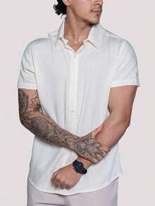 Linen Shirt Short Sleeve Formal Summer Fresh Italian Collar Elegant In Visco-Linen - White - View 4