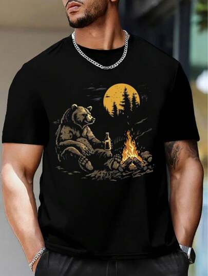 T-shirt homme 100 % coton, motif ours buvant de la bière et feu de camp, respirant, idéal pour l'été, la randonnée, les barbecues et les tenues décontractées, coupe classique