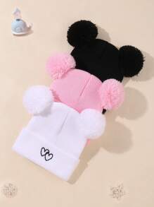 3件组合儿童纯色秋冬保暖针织帽，心形刺绣设计，适合儿童保暖 - 彩色 - 查看 3