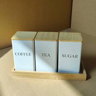 3pcs Kitchen Storage Canister Set, Food Storage Tin Cans With Bamboo Lids, Trays And Bamboo Spoons, White/Black Kitchen Canisters, 5.9*3.34*3.34 Inch Food Storage Jars, Waterproof Kitchen Storage Boxes With Lids, Square Tea Tin Cans With Engraved Labels, Suitable For Coffee, Tea, Sugar, Kitchen Organization, Dining Room, Living Room, Tea Room, Gifts For Friends And Family