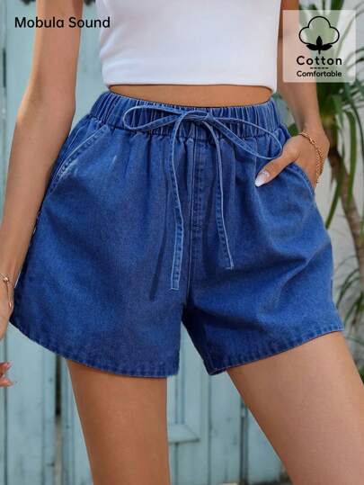 Mobula Sound# Sexy Music Festival Casual Vacation Stylish Fashion Elegant Elastic Waist Loose Women Blue Denim Shorts, Spring/Summer